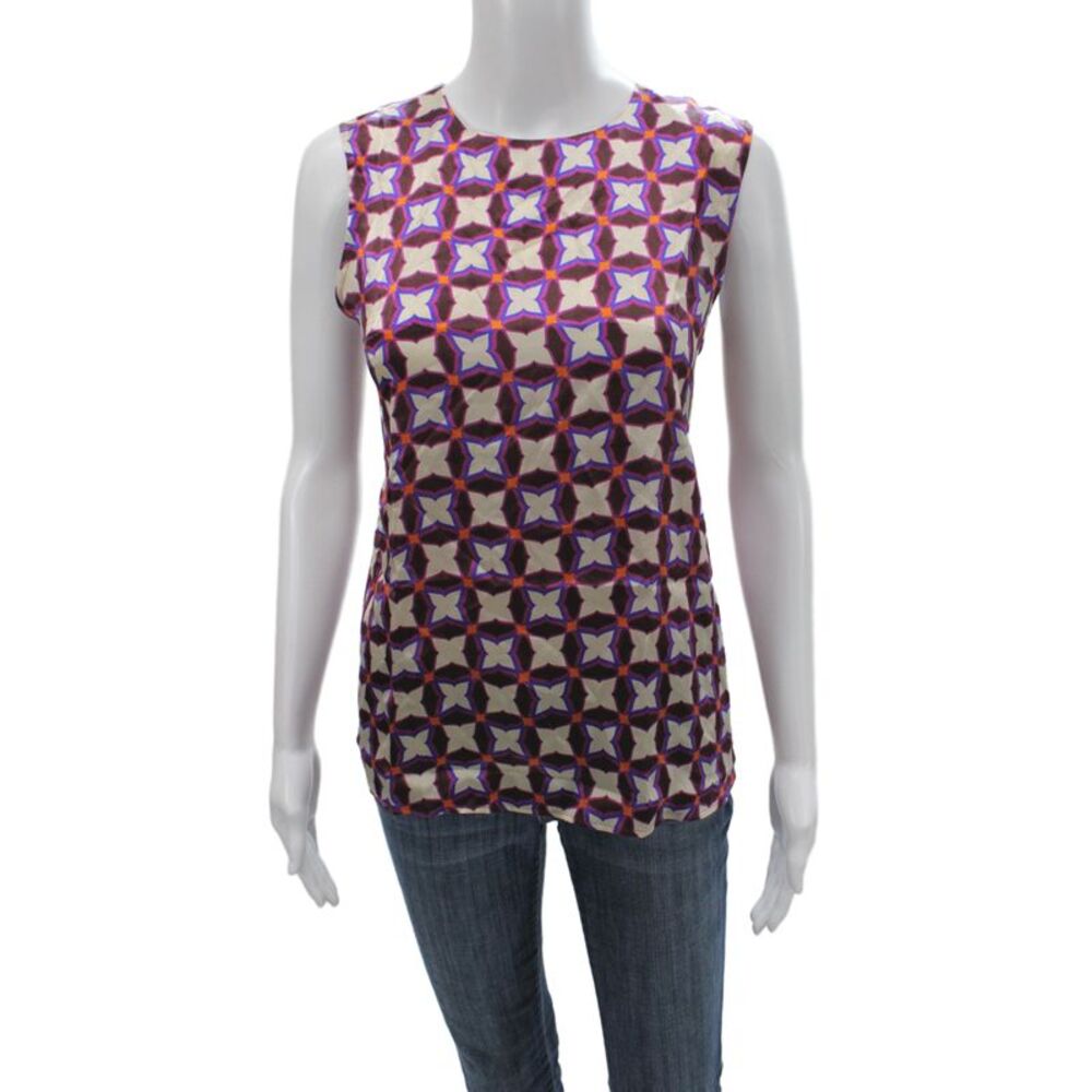 Marella Womens Silk Sleeveless Tank Beige Geometric Round Neck Zip Size 40